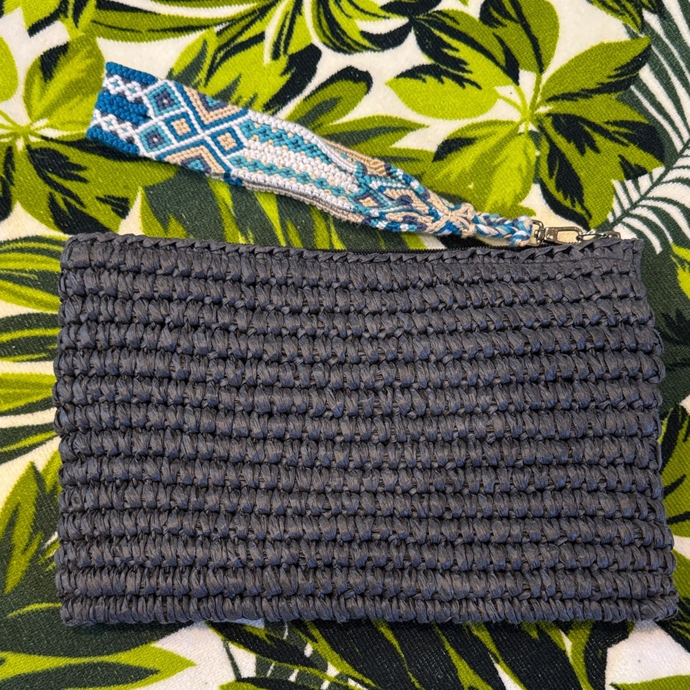 Chic Woven Clutch with Blue Patterned Strap